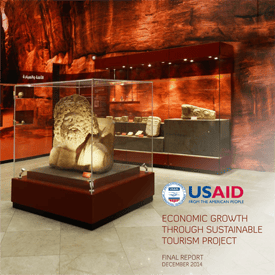 The front page of the final report showing an exhibit in a museum displaying ancient stone carvings.