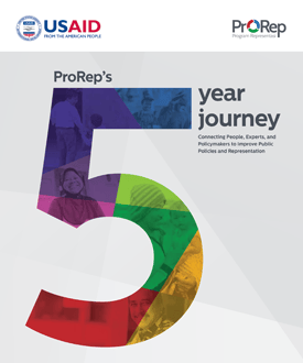 The front page of the final report showing a large multicolored "5" that is part of the title "ProRep's 5-year journey." The "5" also has several images of smiling people included throughout.