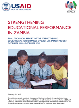 The front page of the final report titled "Strengthening Educational Performance in Zambia." Includes an image of three girls reading a book together.