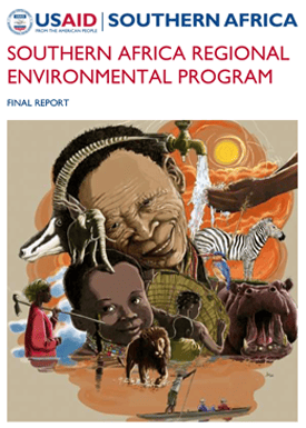 The front page of the final report titled " Southern Africa Regional Environmental Program." Includes a detailed artwork including the face of a child, a woman carrying a basket, a farmer with a hoe over her shoulder, a waterspout with water coming out into someone's hands, a zebra, and a hippopotamus.