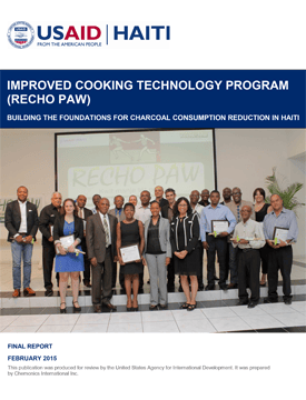 The front page of the final report titled "Improved Cooking Technology Program (RECHO PAW)." Includes an image of a large group of people posing for a photo in front of a projection screen,