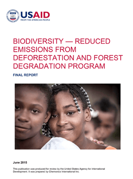 The front page of the final report titled "Biodiversity - Reduced Emissions from Deforestation and Forest Degradation Program." Includes an image of two young girls smiling.