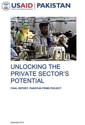 The front page of the final report titled "Unlocking the Private Sector's Potential." Includes an image of several people working on sewing machines.