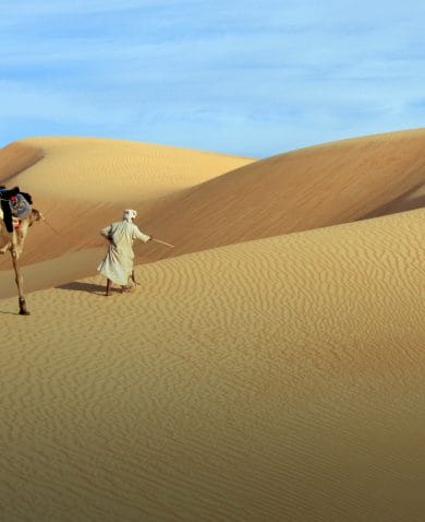 A man leading two camels up a desert hill.