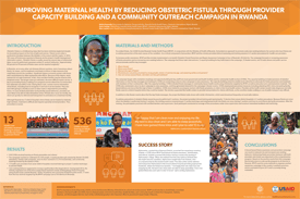Image of an orange graphic titled "Improving Maternal Health by Reducing Obstetric Fistula Through Provider Capacity Building and a Community Outreach Campaign in Rwanda."