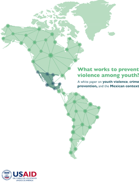The front page of a report titled "What works to prevent violence among youth?" Includes an image of the western hemisphere with several lines interconnecting.
