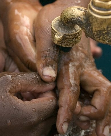 A close-up image of several people washing their hands under a waterspout.