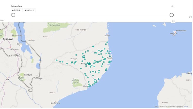 Live dashboard using GPS coordinates showing completed deliveries in Nampula province, Mozambique