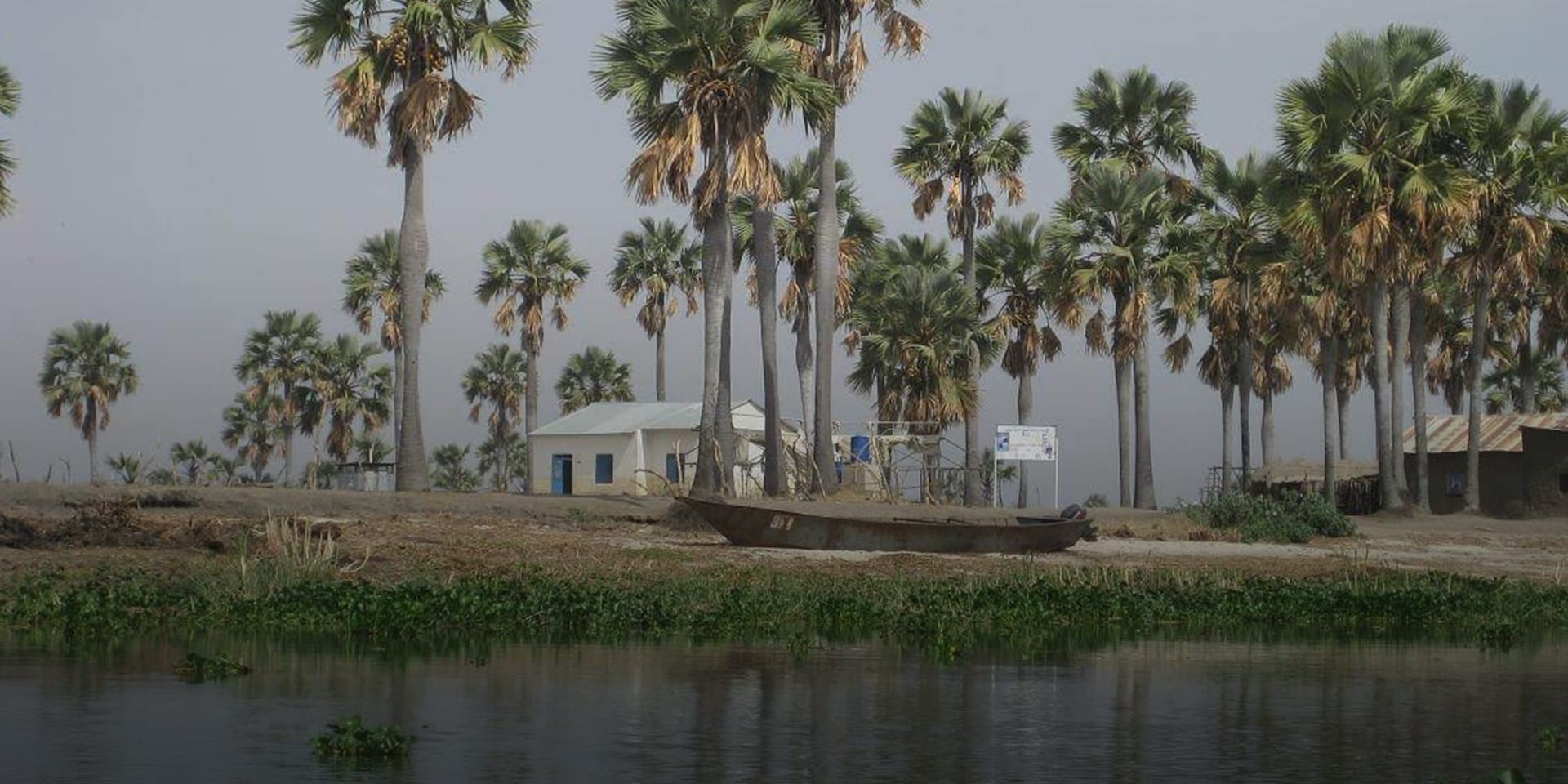 Image of a lake with a boat on the shore. A small white building can be seen in the distance surrounded by tall palm trees.