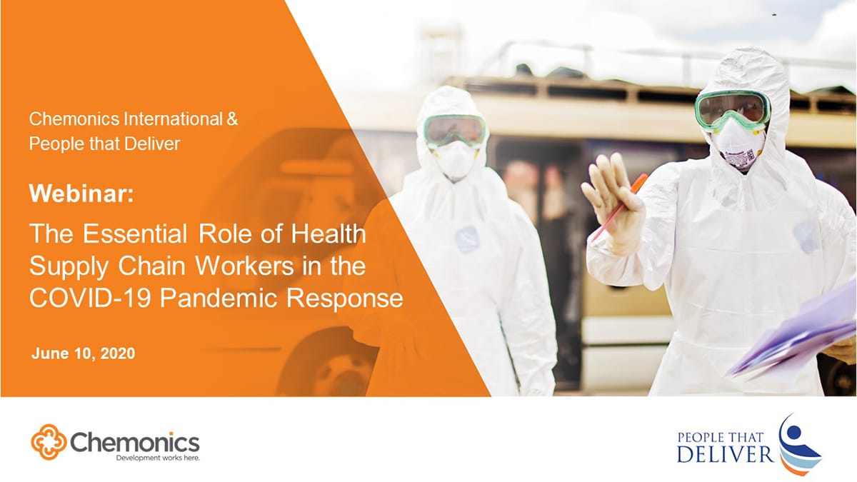 The first slide of a webinar titled "The Essential Role of Health Supply Chain Workers in the COVID-19 Pandemic Response." Includes an image of people in hazmat suits standing beside a van.