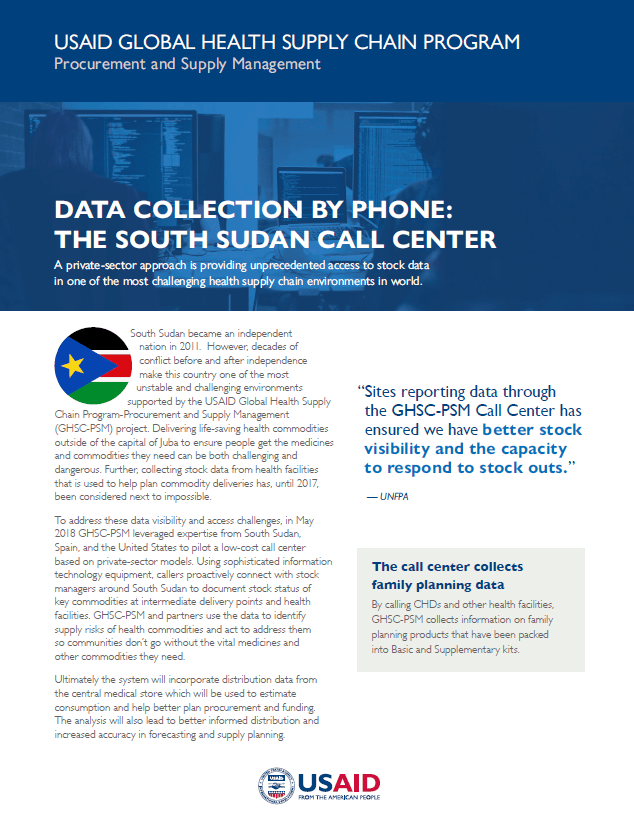 A document titled "Data Collection by Phone: The South Sudan Call Center." Includes an image of people sitting at computers.