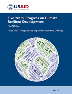The front page of the final report titled "Five Years' Progress on Climate Resilient Development." Includes an illustration of a globe made up of several words including Resilience, ATLAS, Vulnerability, and Tools, among others.