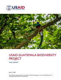 The front page of a report titled " USAID Guatemala Biodiversity Project." Includes an image of a bird perched on a branch.