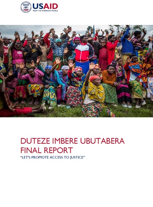 The front page of the final report titled "Dutetze Imbere Ubutabera." Includes image of a group of people gathered together outside and raising their hands.